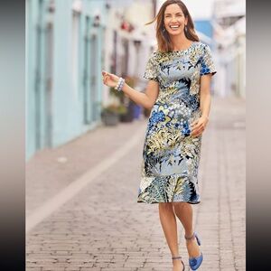 Talbots Botanical Floral Print Flounce Hem Blue Yellow Sheath Dress, Size 16